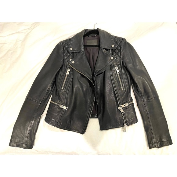 ALL SAINTS Women Bleeker Biker Cargo Leather Jacket Moto Black 0 XS 32 EUC - Picture 4 of 15